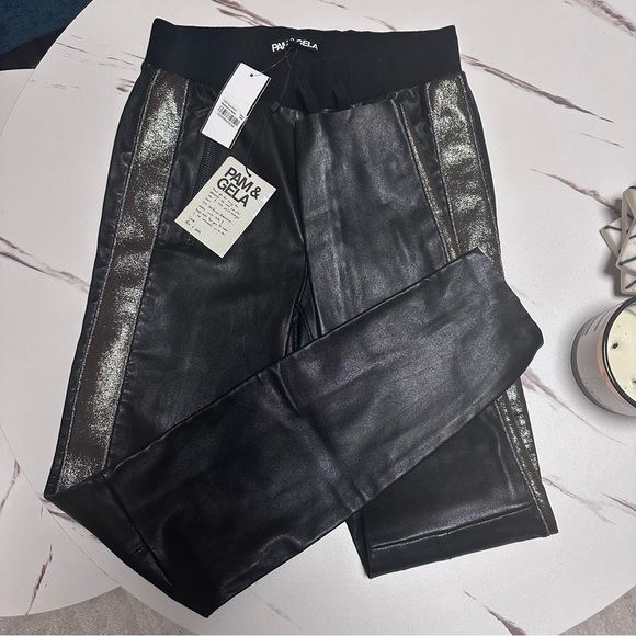 Designer Leather Cigarette Pants Gold Side Panel Pam & Gela Small Womens NWT - Picture 2 of 9